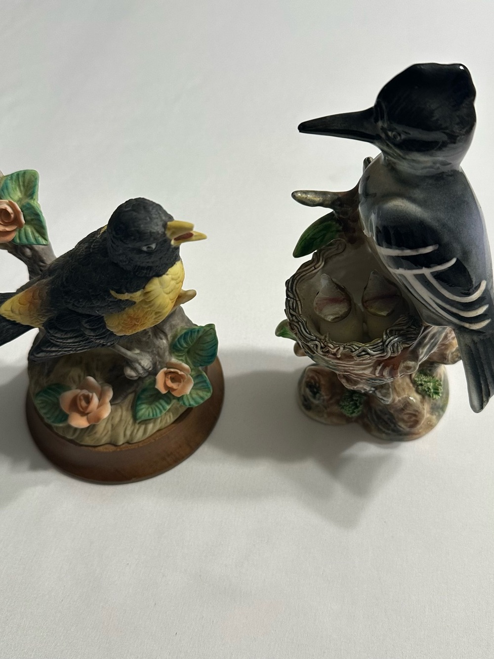 Ceramic Bird Figurine Pair in Black, Yellow and Brown
